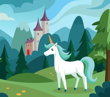 A white unicorn with a golden horn stands on green hills with trees, mountains, and a castle in the background under a blue sky.