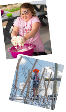 Young girl mixing flower in pink bowl outside ata picnic table and photo of a child walking across a rope bridge.
