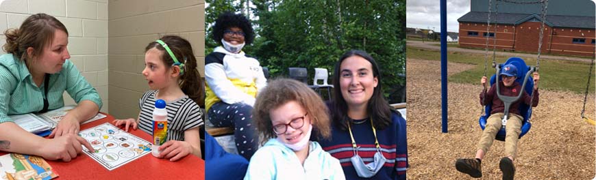 Collage of adults and children in a classrom, outside and a child in a swing in a park