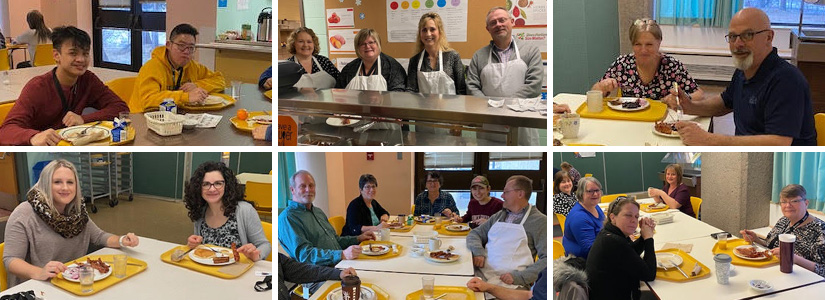 collage of photos of people eating pancakes in the cafeteria