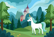 fairytale setting of a forest with a white unicorn and a castle in the background